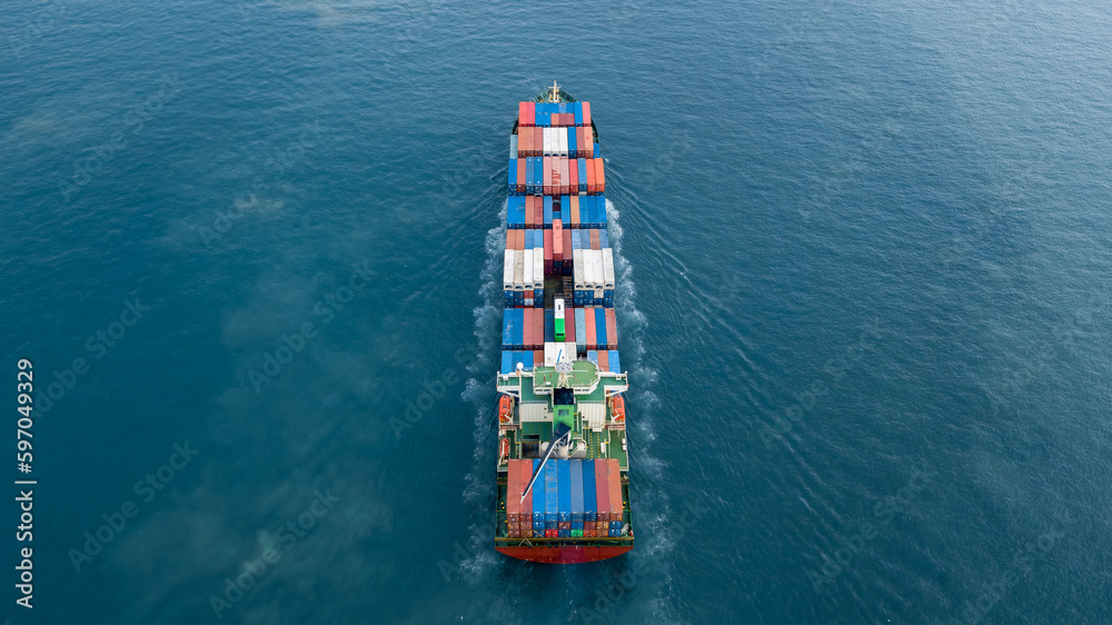 Aerial view container cargo ship, Global business import export logistic and transportation freight shipping of international by container cargo ship in the open sea, Container cargo vessel freight.