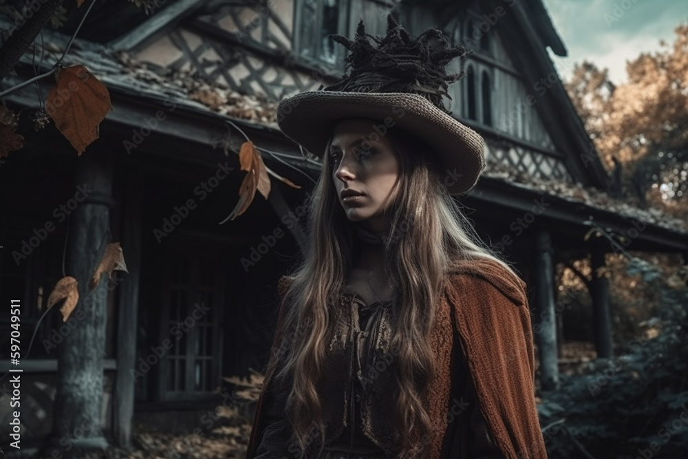 Stylish witch in hat and dark clothes in Salem city, created with Generative AI Technology