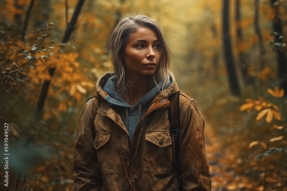 Stylish woman in jacket walking in autumn park or forest, created with Generative AI Technology Stylish woman in jacket walking in autumn park or forest, created with Generative AI Technology