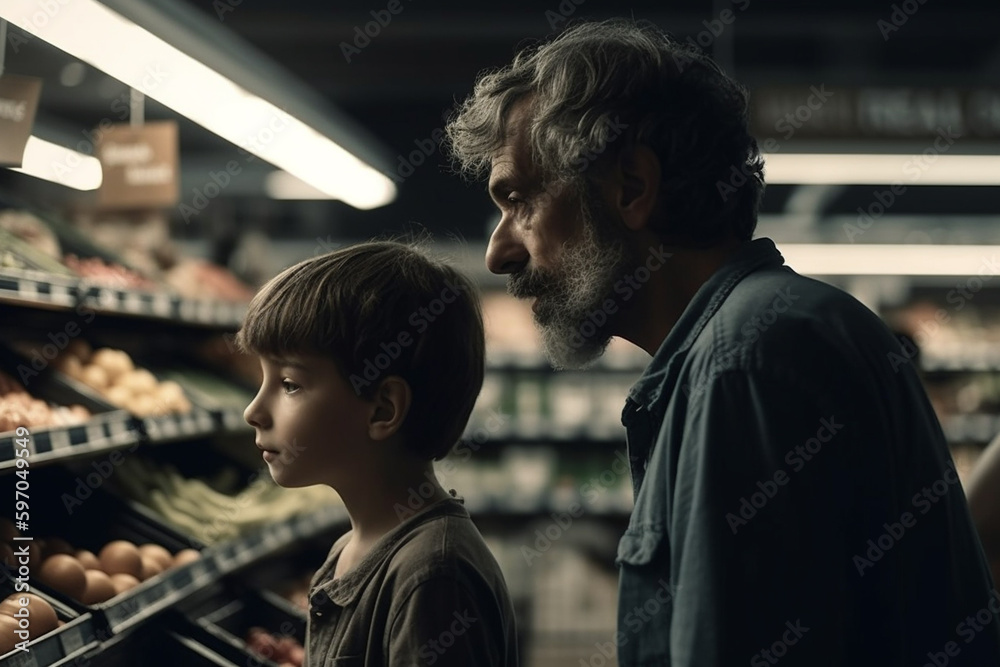 father and son shopping at the supermarket together, created with Generative AI Technology