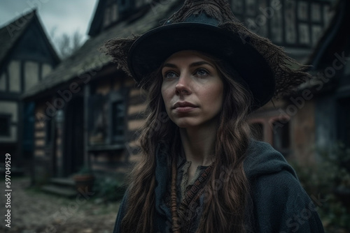 Stylish witch in hat and dark clothes in Salem city, created with Generative AI Technology