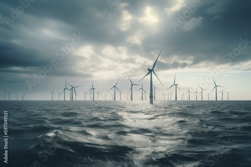 Wind turbines in offshore wind farm on cloudy day for environmental electricity. Generative AI