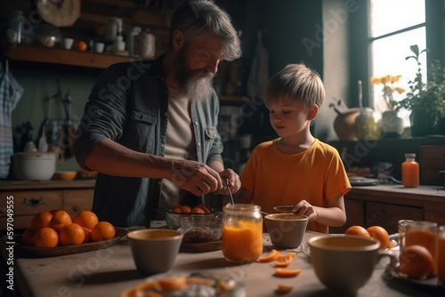 Father and son cooking at kitchen, created with Generative AI Technology