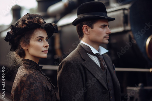 Stylish woman and man in Victorian epoch clothes on railroad station next to train, created with Generative AI Technology