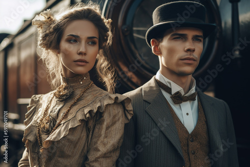 Stylish woman and man in Victorian epoch clothes on railroad station next to train, created with Generative AI Technology photo