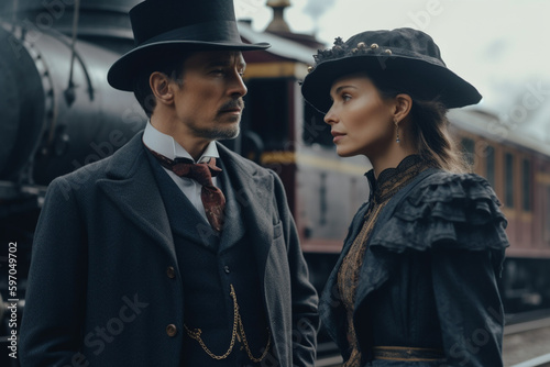 Stylish woman and man in Victorian epoch clothes on railroad station next to train, created with Generative AI Technology © Masson