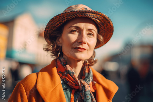 Stylish old woman in hat and shirt walking on city street, created with Generative AI Technology