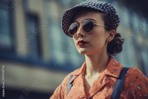 Stylish woman in glasses, hat and dress walking on city street, created with Generative AI Technology