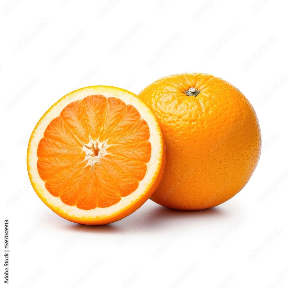 A isolated whole organic fresh orange and an orange cut in half with white background Generative AI Illustration A isolated whole organic fresh orange and an orange cut in half with white background Generative AI Illustration