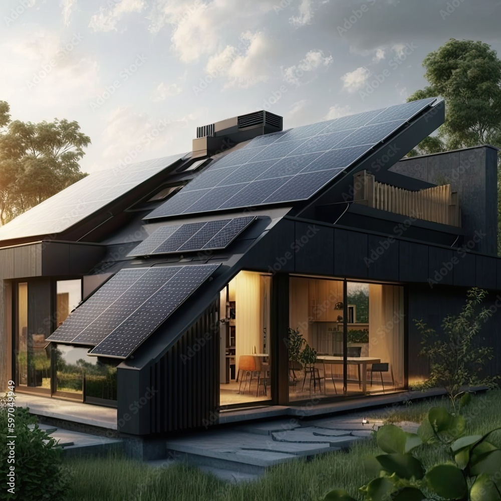 Fototapeta premium Constructed homes with solar panels on the roof.Generative AI