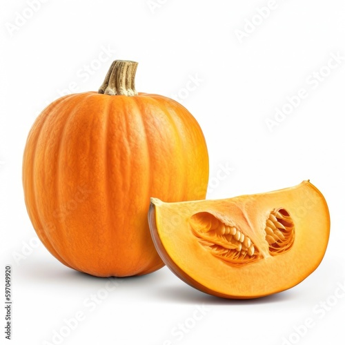 Organic fresh raw whole pumpkin and sliced pumpkin on white background Generative AI Illustration