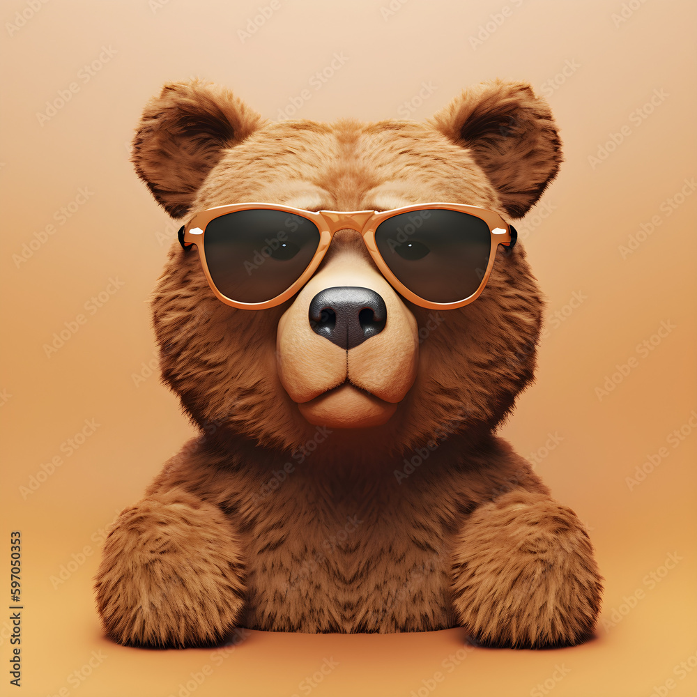 Cute brown teddy bear toy wearing sunglasses on a gradient background. Generative AI Cute brown teddy bear toy wearing sunglasses on a gradient background. Generative AI