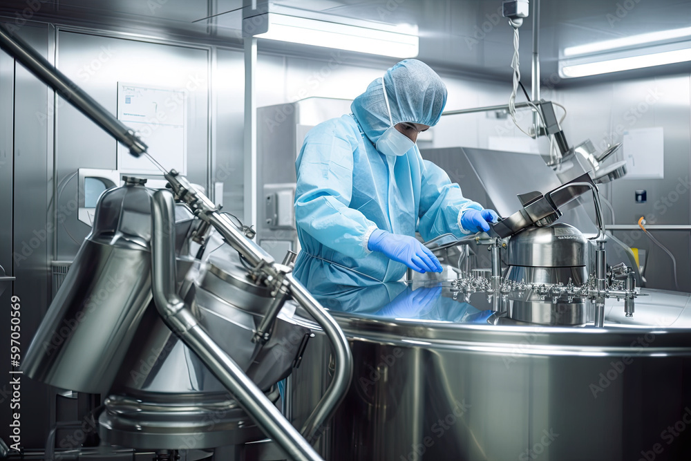 A man in protective clothing working on equipment. Pharmaceautical clean room, industrial design, large scale chemical production in controlled sterile conditions, AI generative - obrazy, fototapety, plakaty 
