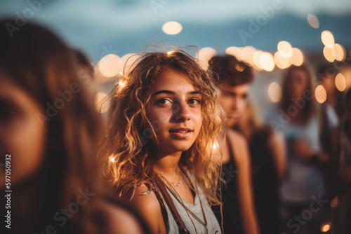 Close up of young girl having fun on the beach party, Generative ai