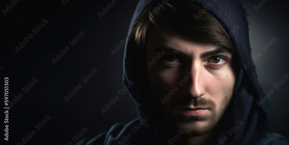 Man with hoodie on a dark background - Generative AI Man with hoodie on a dark background - Generative AI
