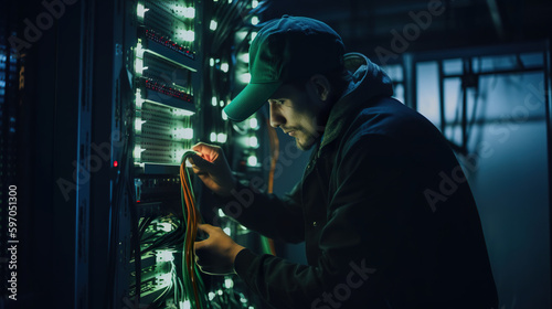 Male worker, tech engineer performing maintenance work in a server room, reparing something or upgrading the system, AI generative illustration © Friedbert