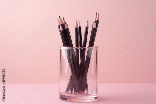 Different drawing pencils in a glass on apink background, ai generative photo