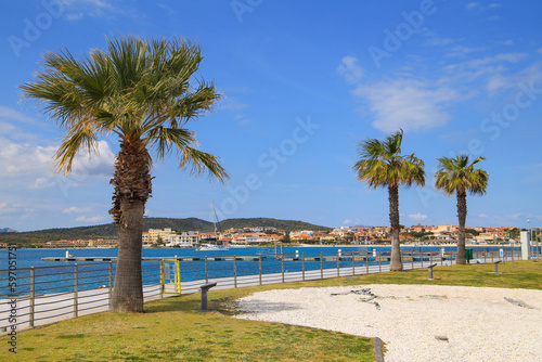 The beautiful bay Golfo Aranci with palm trees - Sardinia