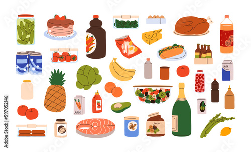 Food products, beverages set. Cooked dishes, cake, salad, turkey and ingredients, drinks, sauces. Champagne bottle, cans, fruits, vegetables. Flat vector illustrations isolated on white background