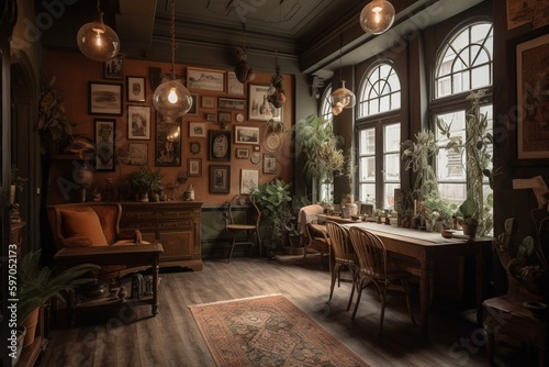 Charming space featuring antique decor and a vacant loft café. Generative AI
