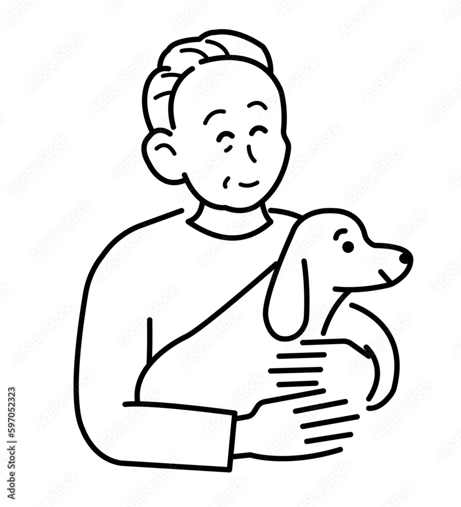 アニマルセラピー 犬を抱っこする年配男性のイラスト 線画のみ アニマルセラピー 犬を抱っこする年配男性のイラスト 線画のみ