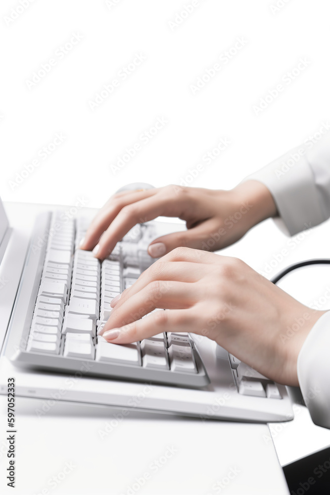 Close up hands of male programmer working on white computer on white minimal workplace, AI Generative. . Close up hands of male programmer working on white computer on white minimal workplace, AI Generative. .