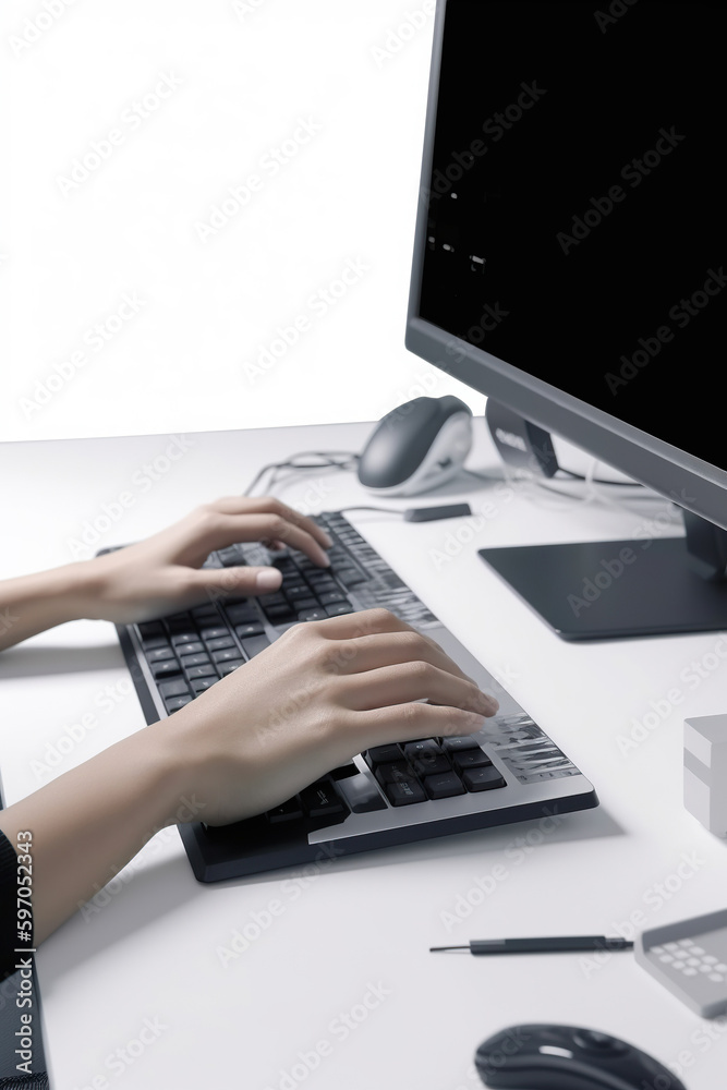Close up hands of male programmer working on white computer on white minimal workplace, AI Generative. . Close up hands of male programmer working on white computer on white minimal workplace, AI Generative. .