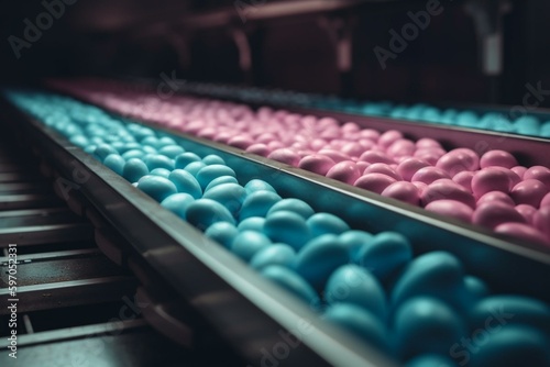 Conveyor belt producing candy eggs in pink and blue colors. Manufacturing process. Generative AI