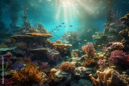 Exquisite tropical marine ecosystem with stunning coral reefs and vibrant fishes, created through computer graphics. Generative AI © Yvaine