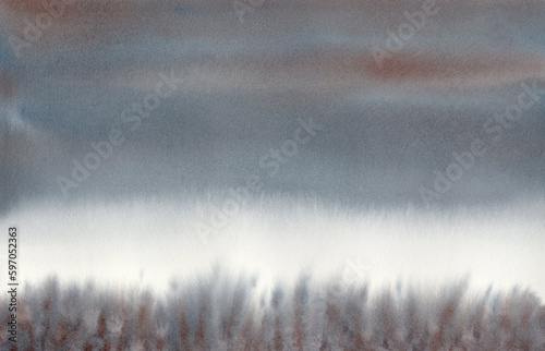 Abstract watercolor horizontal background with streaks, waves, gradient. Morning fog over the lake and river, autumn gray clouds over the grass