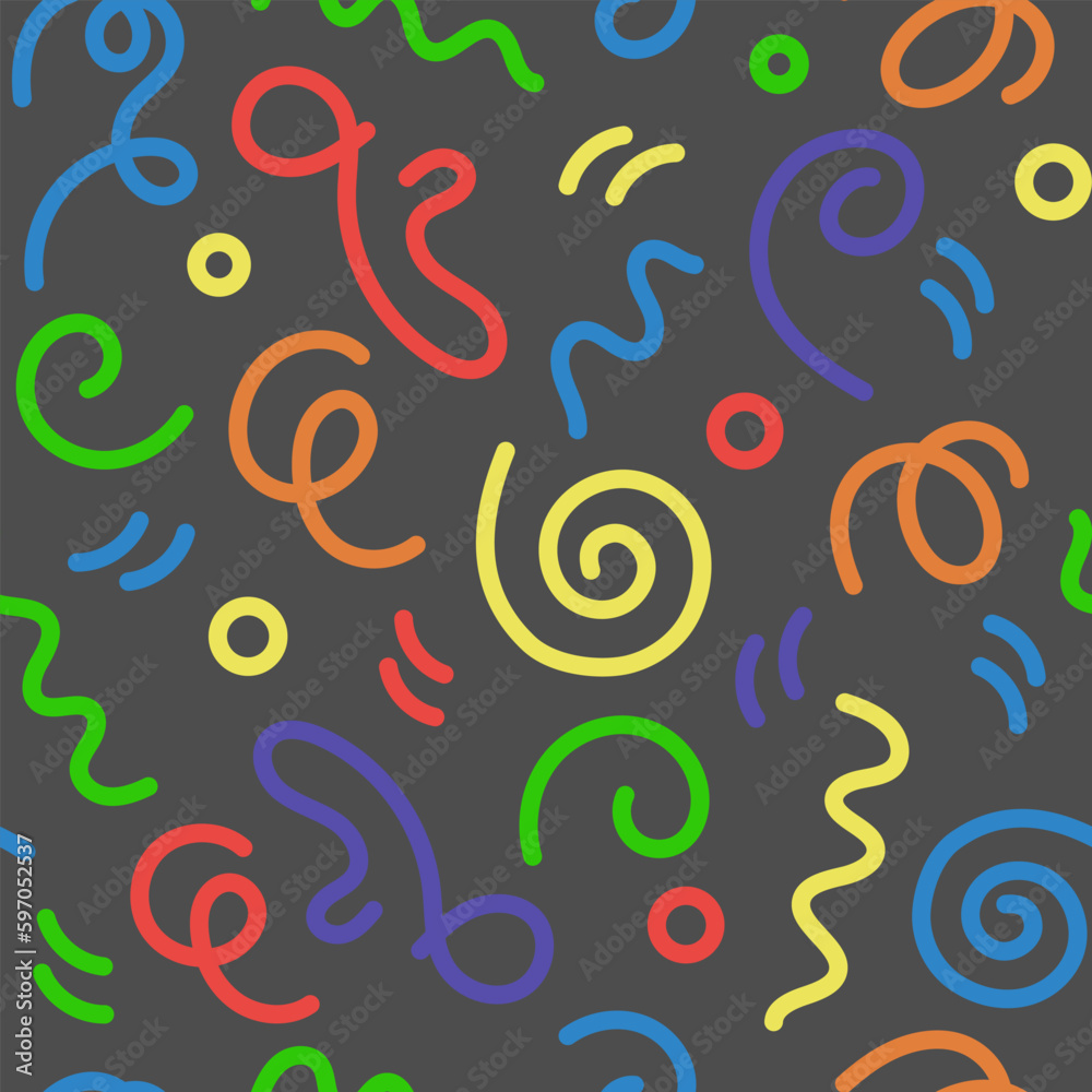 Doodle 90s style seamless pattern on dark background with kid multicolor squiggles. Flat vector retro illustration