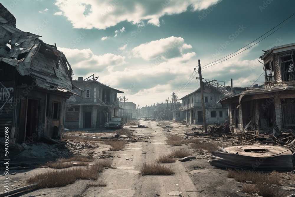 Desolate town after war, transparent BG. Generative AI