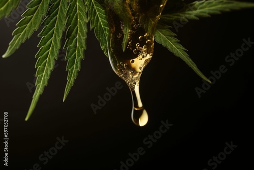 CBD oil dripping from a cannabis leaf. Medical marijuana health concept. Generative AI