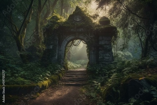 A mystical gateway in the enchanting woodland leading to a different realm. Generative AI