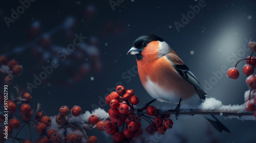 Cute bullfinch bird sits on a bunch of red rowan berries, Christmas greeting card, AI generative illustration on dark background © Friedbert