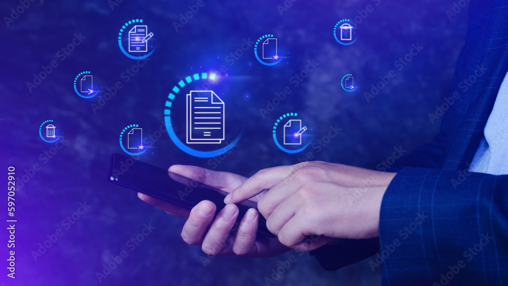 Businessman pressing multimedia type of buttons with virtual background