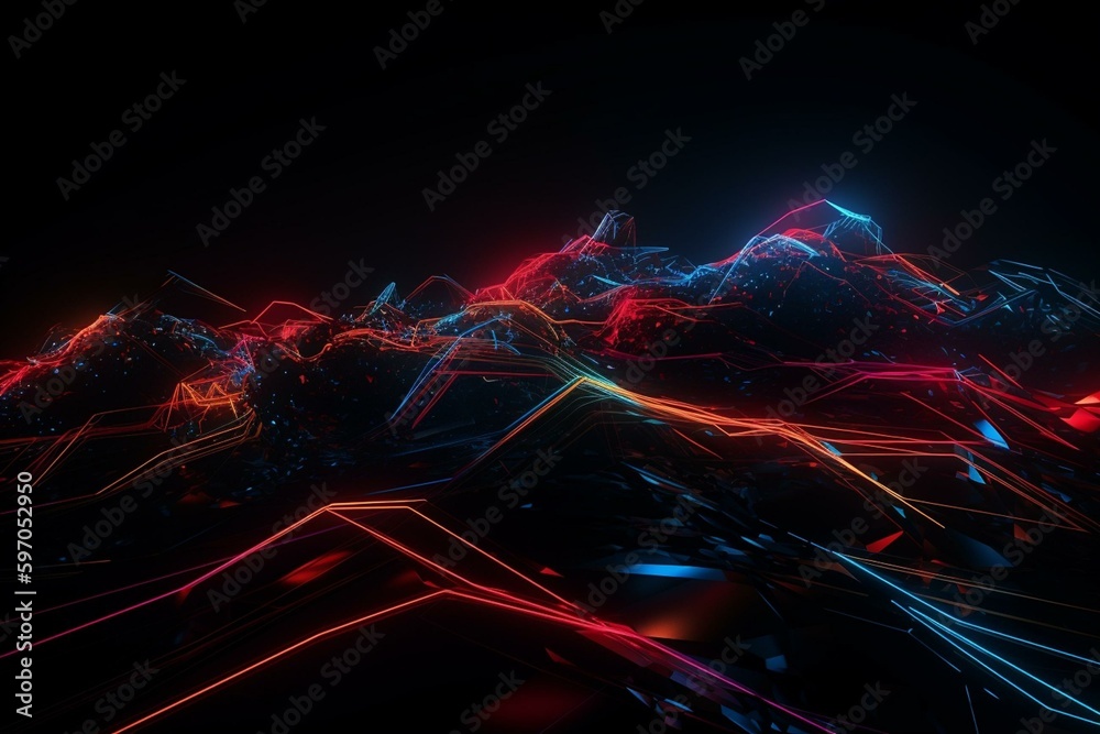 3D abstract black background with vibrant neon lines and a glowing gradient from blue to red. Generative AI