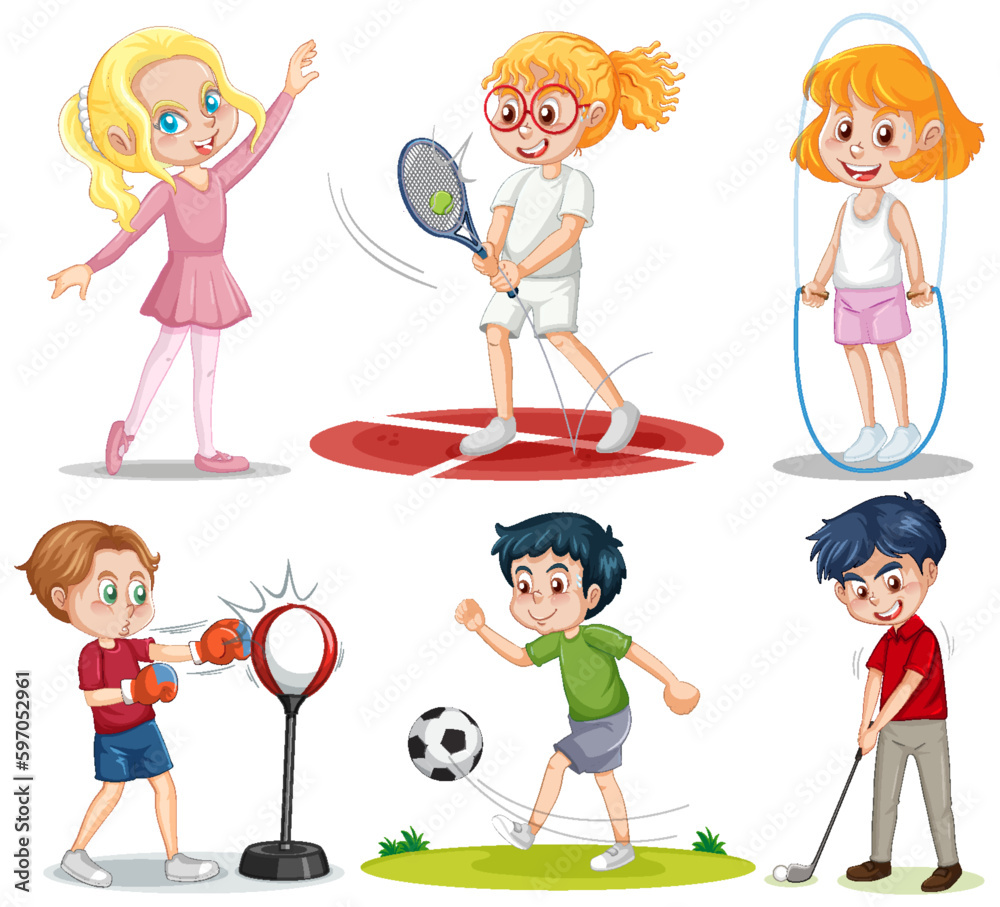 Set of kids playing different sports Set of kids playing different sports