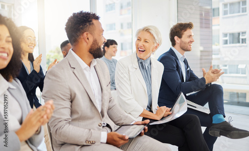 Φωτογραφία Happy crowd, diversity and business people excited for tradeshow speech, seminar presentation or training workshop