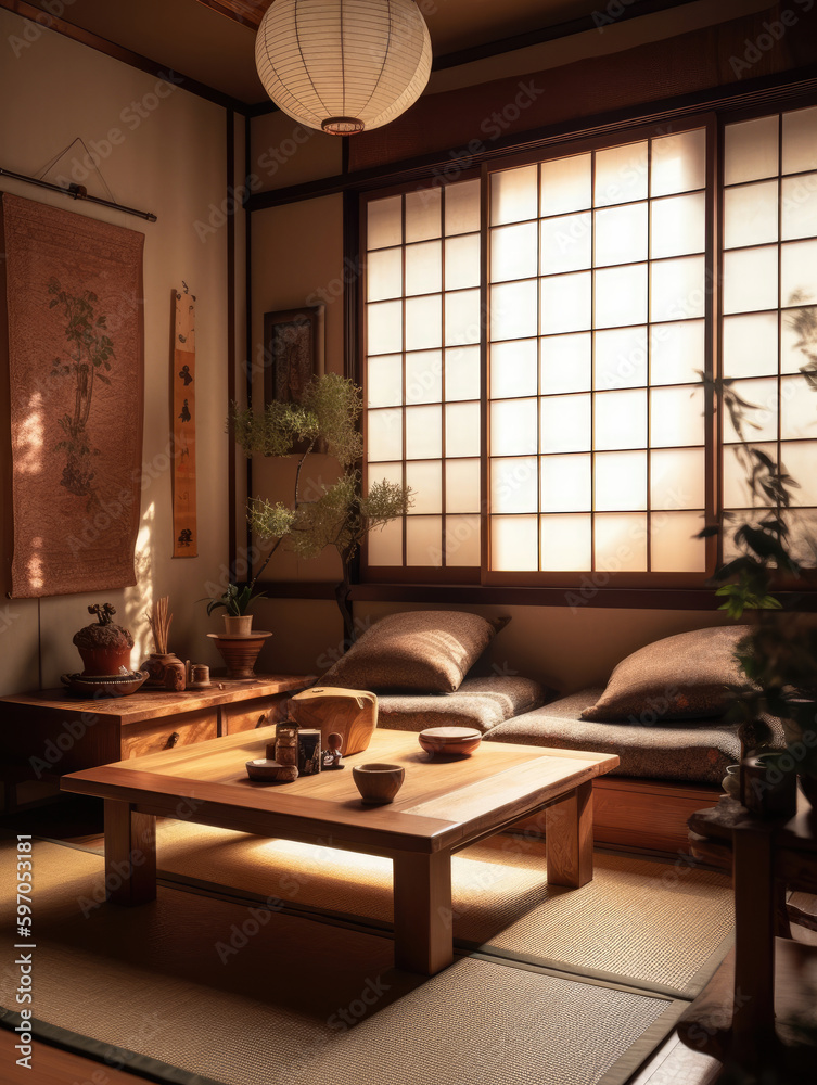 Living room for interior architecture with Japan style, Traditional Japanese style with wood and paper elements