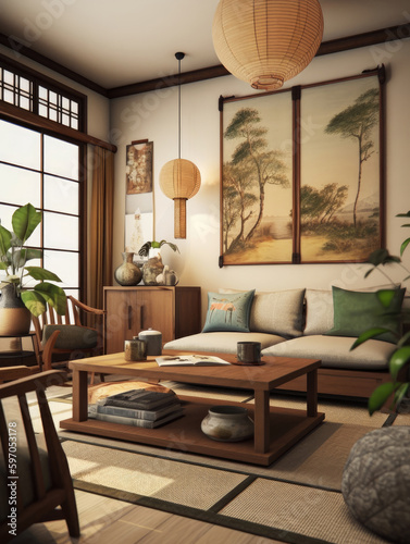 Living room for interior architecture with Japan style  Traditional Japanese style with wood and paper elements