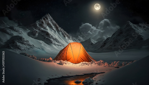 Orange Glowing Tent On Snowy Mountain At Night - Generative AI