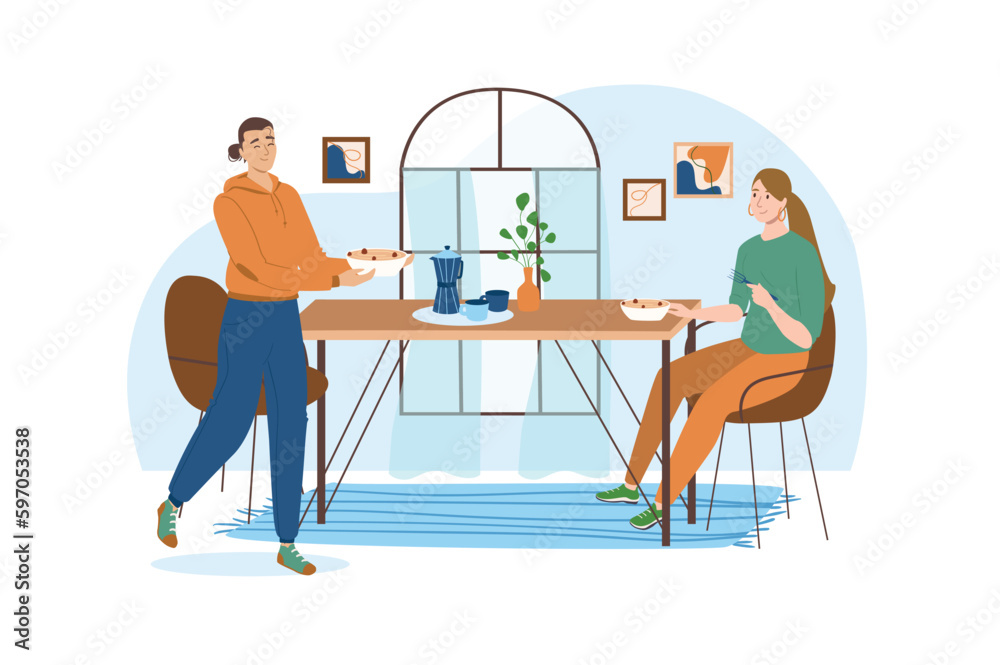 Kitchen blue concept with people scene in the flat cartoon style. Guy lets the girl taste the salad he cooked himself. Vector illustration.