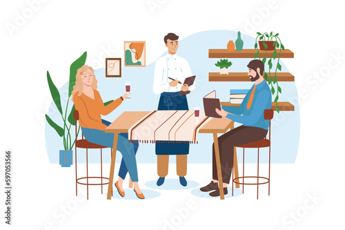 Kitchen blue concept with people scene in the flat cartoon design. Waiter takes an order from a young couple who came to the restaurant. Vector illustration.