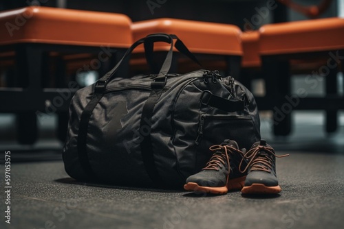 Sports shoes and duffle bag on gym flooring. Generative AI