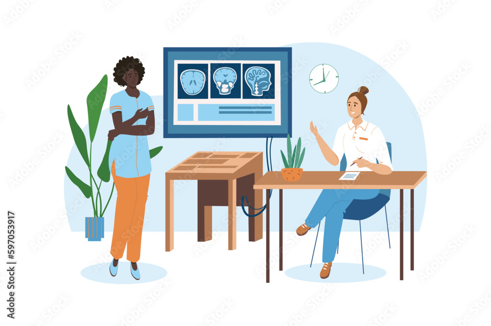 Medical office blue concept with people scene in the flat cartoon style. Two doctors take a part on scientific research work to learn about new diseases. Vector illustration.