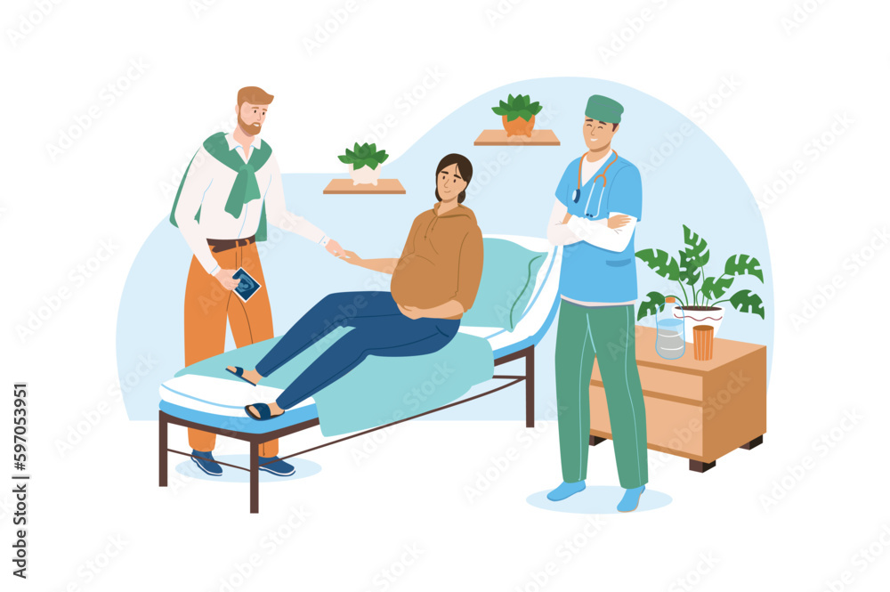 Medical office blue concept with people scene in the flat cartoon design. Woman with her husband came to give birth in a good clinic. Vector illustration.