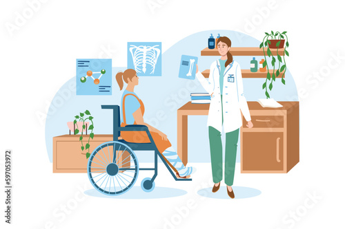 Medical office blue concept with people scene in the flat cartoon design. Girl broke her leg and had to be taken from the doctor in a cart. Vector illustration.