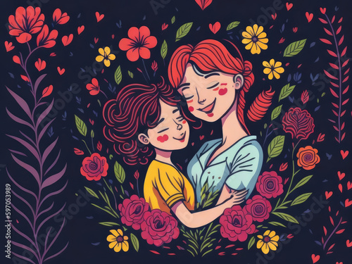 Illustration for Mother s Day Celebration  Woman Illustration  Mom and Child Hugging  Floral Frame  Generate AI