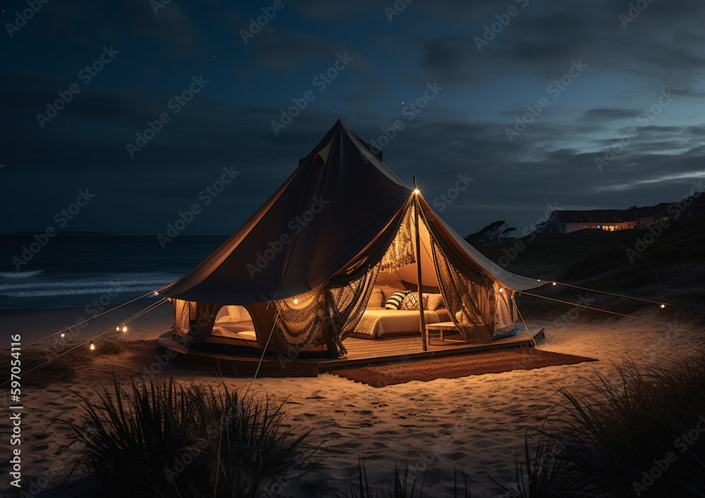 glamping tent on a beach , generative ai